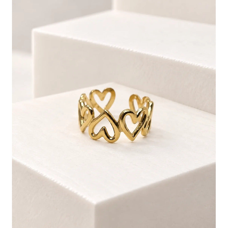 Anillo Mujer Ajustable Acero Inoxidable 316l Tira Corazones Dorado Ajustable