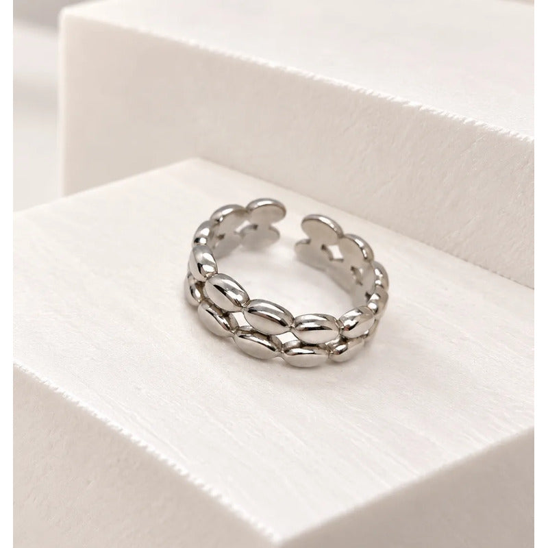 Anillo Mujer Ajustable Acero Inoxidable 316l Doble Óvalos Plateado Ajustable