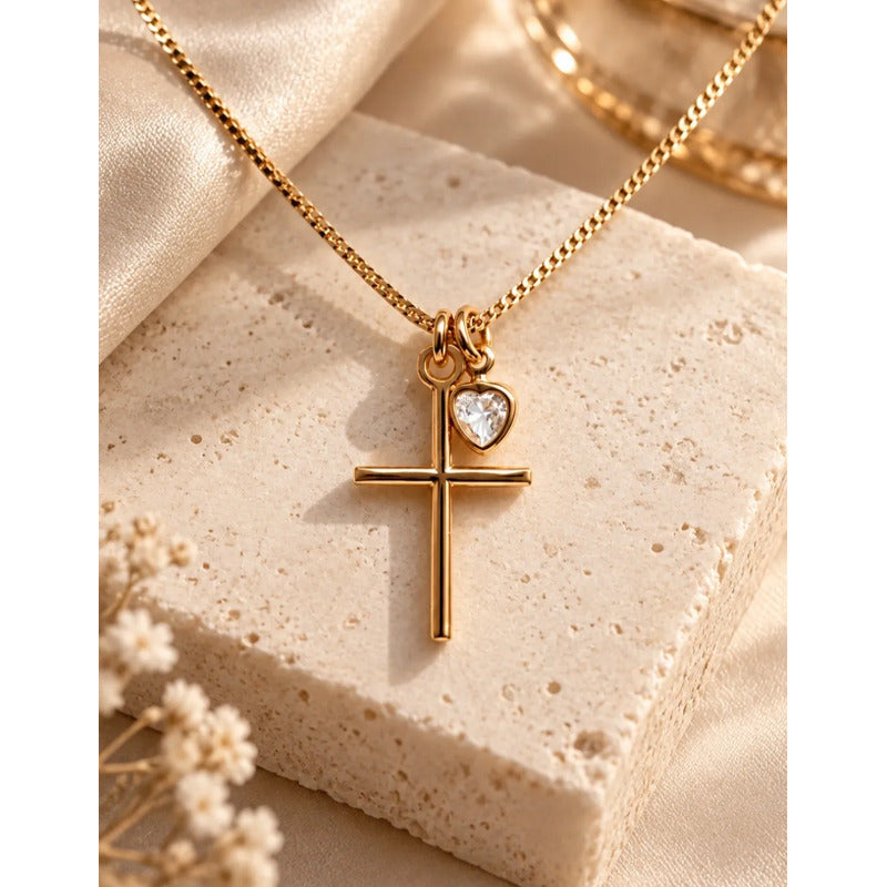 Collar Cruz Mujer Enchapado Oro Dije Corazón Circonita 45cm Dorado