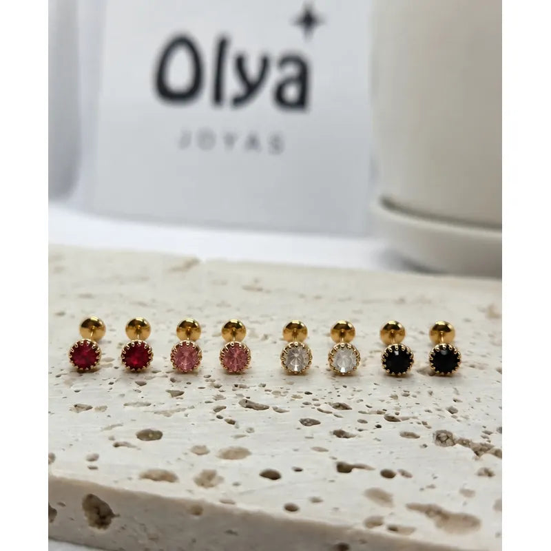 Aros Punto De Luz Oro 18k Enchapado Mujer Niña Tope Seguro Dorado Con Rojo