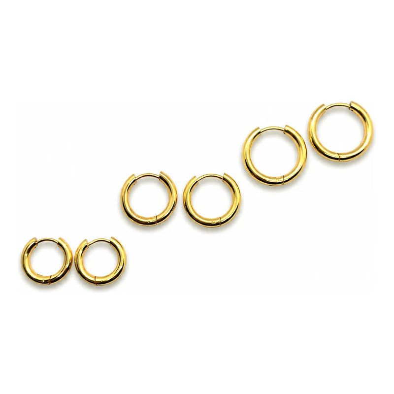 Aros Argollas Acero Inoxidable Lisas Pack 3 Pares Unisex Dorado