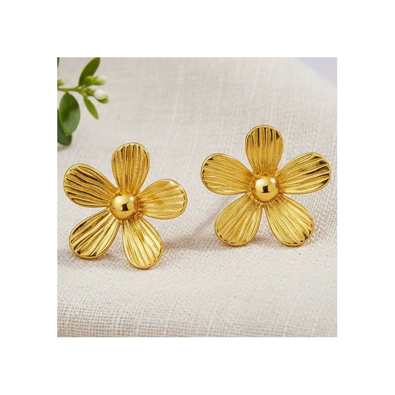 Aros Mujer Flor Acero Inoxidable 2.5cm Moda Elegante Dorado