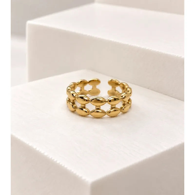 Anillo Mujer Ajustable Acero Inoxidable Doble Óvalos Cadena Dorado Ajustable
