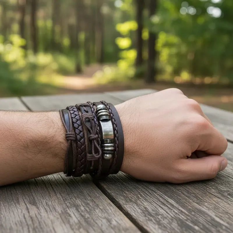 Pulseras Hombre Pack 6 Ajustables Set Variado Ecocuero Acero Marrón Oscuro 18 Cm