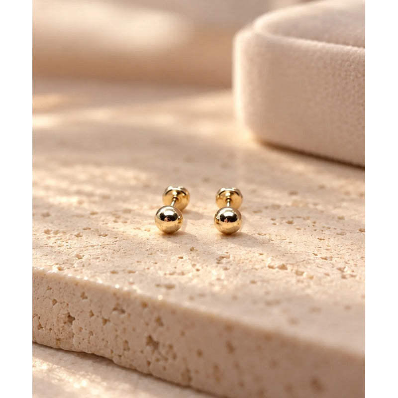 Aros Niña Bebé Bolita Lisa 4mm Enchapado En Oro Tope Seguro Dorado