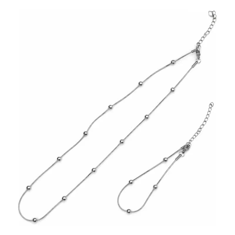 Set Collar Y Pulsera Acero Inoxidable Femenino Plateado Con Balines