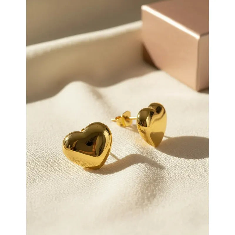 Aros Mujer Corazón Acero Inoxidable 1cm Casuales Caja Regalo Dorado