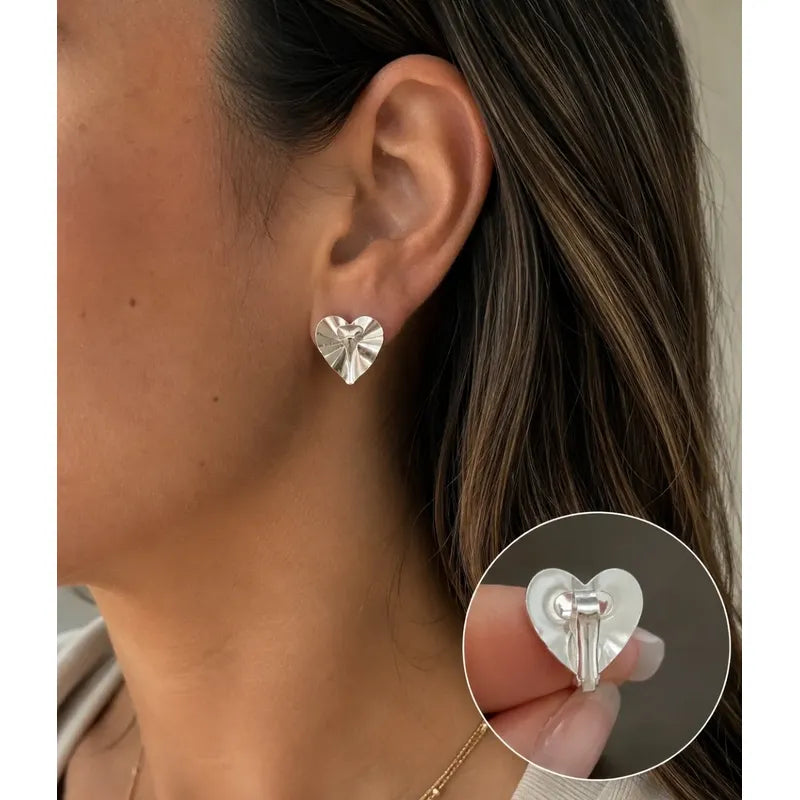 Aros Mujer Corazón Sin Perforación Enchapado Plata Presión Plateado