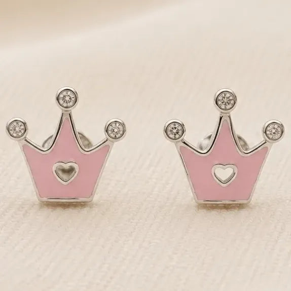 Aros Plata 925 Niña Corona Rosa Brillo Caja Regalo Infantil Rosa