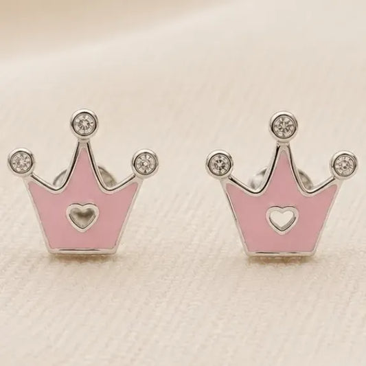 Aros Plata 925 Niña Corona Rosa Brillo Caja Regalo Infantil Rosa