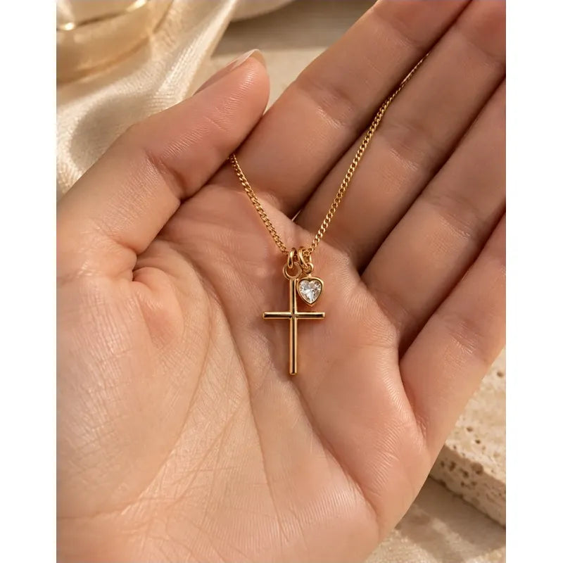 Collar Cruz Mujer Enchapado Oro Dije Corazón Circonita 45cm Dorado