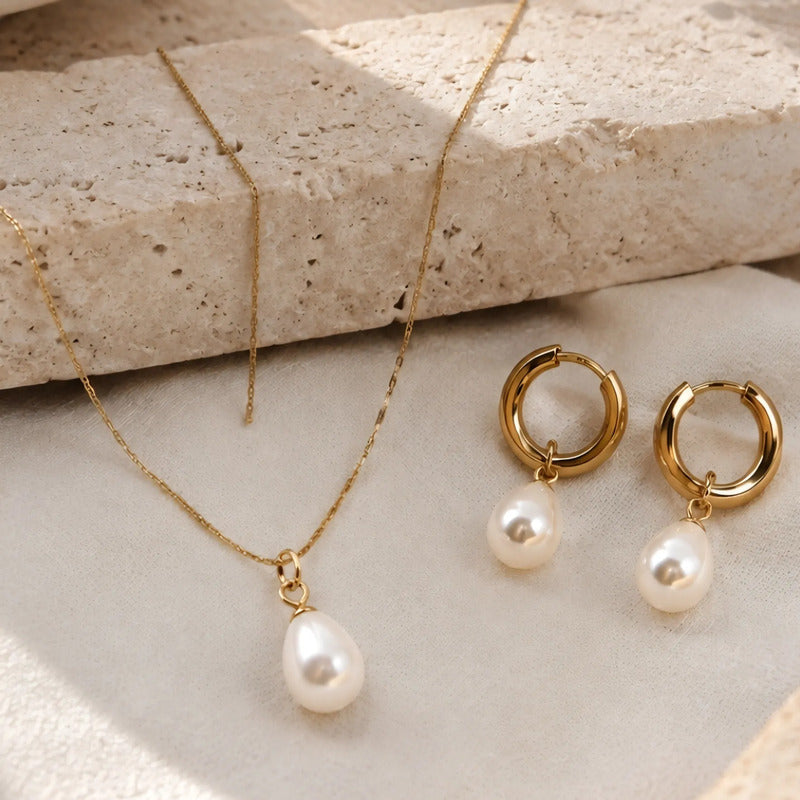 Collar Aros Perla Mujer En Acero Y Enchape Set Con Caja Dorado