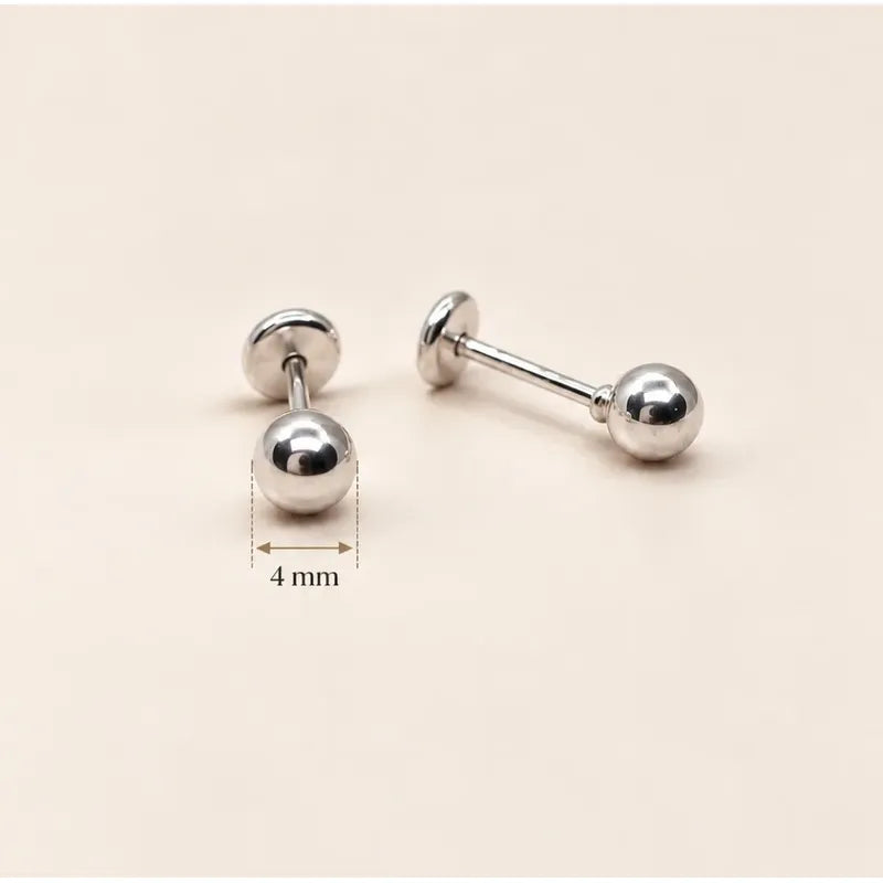 Aros Bebé Niña Plata Bolita 4mm Tope Seguridad Caja Regalo Plateado