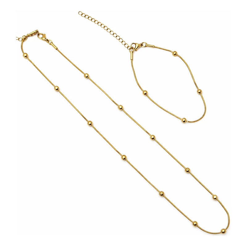Set Collar Y Pulsera Acero Inoxidable Femenino Dorado Con Balines