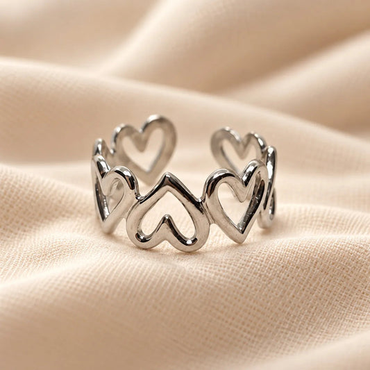 Anillo Mujer Ajustable Acero Inoxidable Tira De Corazones Plateado Ajustable