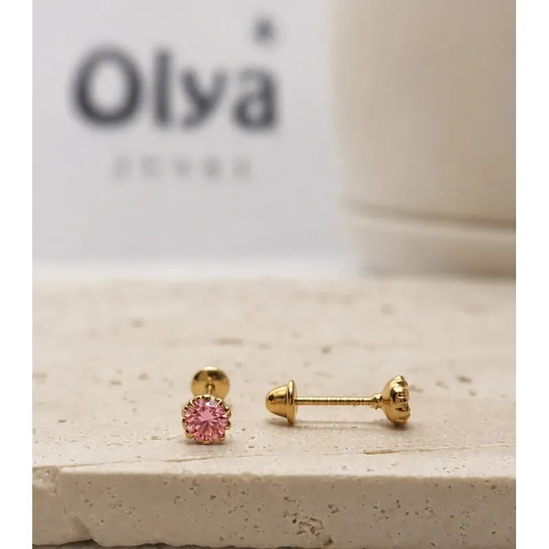 Aros Punto De Luz Oro 18k Enchapado Mujer Niña Tope Seguro Dorado Con Rosa