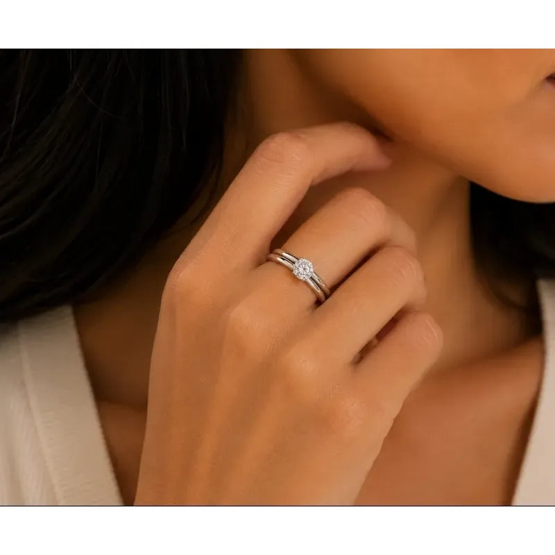 Set 2 Anillos Mujer Acero Inoxidable Zirconia Elegante Plateado 19