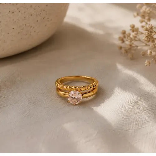 Anillos Mujer Set Solitario Y Trenzado En Acero Inoxidable Dorado 19