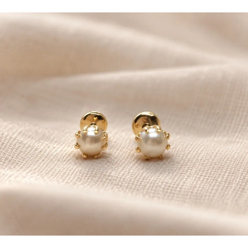Aros Bebé Niña Perla 4mm Enchapados Oro 18k Tope Seguridad Dorado