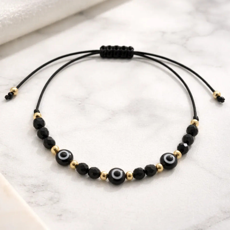 Pulsera Ojo Turco Negra Hombre Mujer Protección Acero Negro 16 Cm