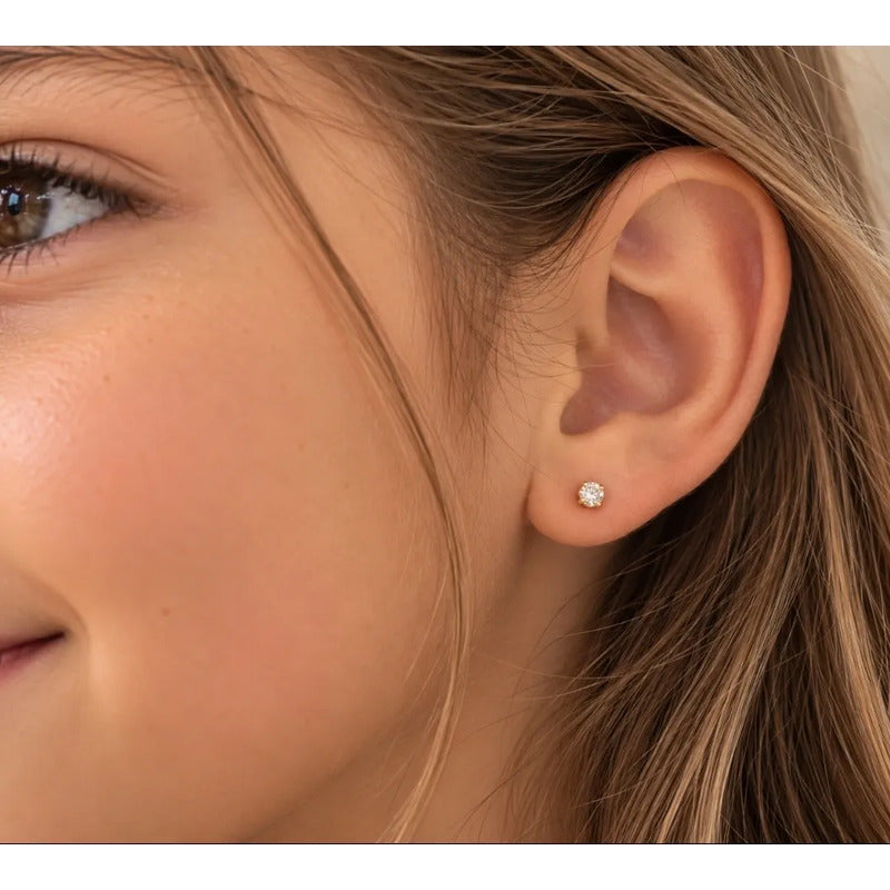 Aros Niña Bebe Punto De Luz Oro Enchapado 3mm Tope Seguridad Dorado