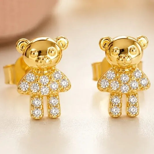 Aros Infantiles Oro 18k Enchapado Osito Brillante Niña Mujer Dorado