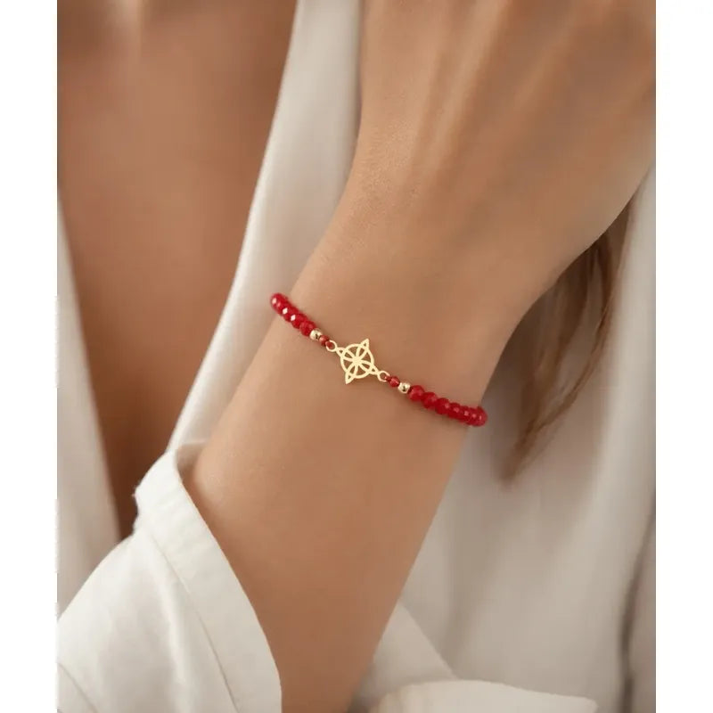Pulsera Nudo De Bruja Cristales Rojos Protección Y Suerte Dorado 20 Cm
