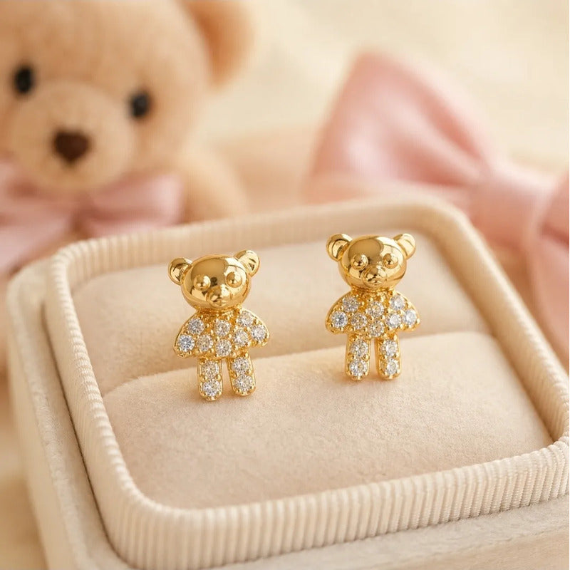 Aros Infantiles Oro 18k Enchapado Osito Brillante Niña Mujer Dorado