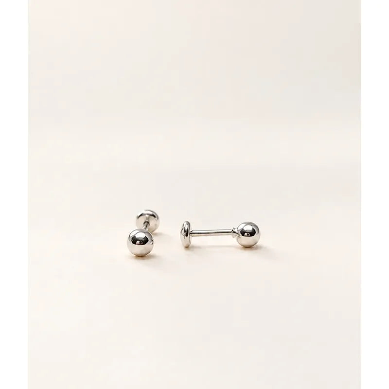 Aros Bebé Niña Plata Bolita 4mm Tope Seguridad Caja Regalo Plateado