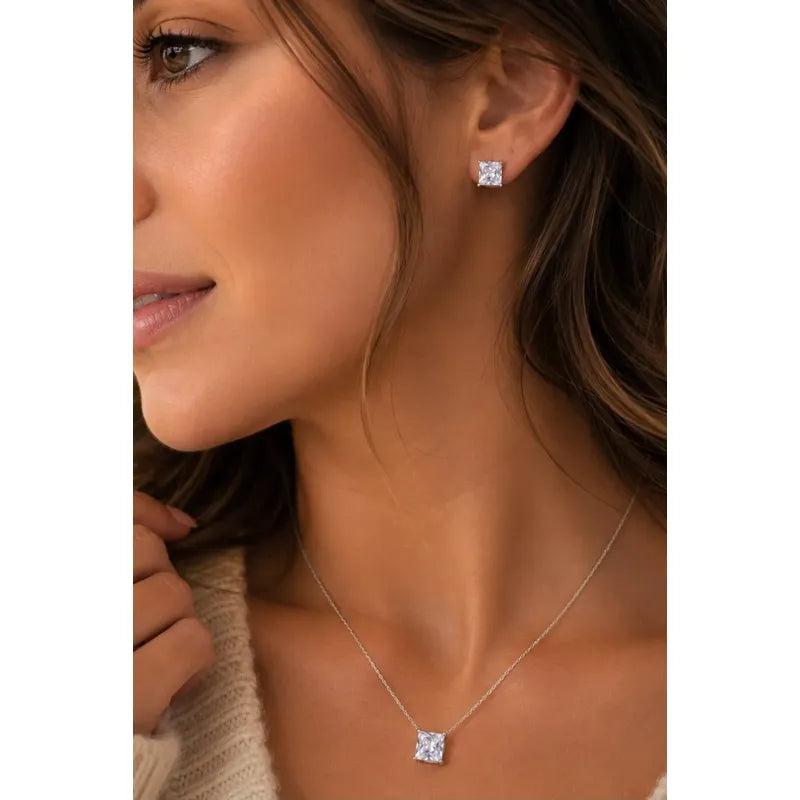 Collar Aros Mujer Set Punto De Luz En Acero Quirúrgico Pack Plateado
