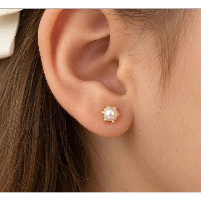 Aros Bebé Niña Perla 4mm Enchapados Oro 18k Tope Seguridad Dorado