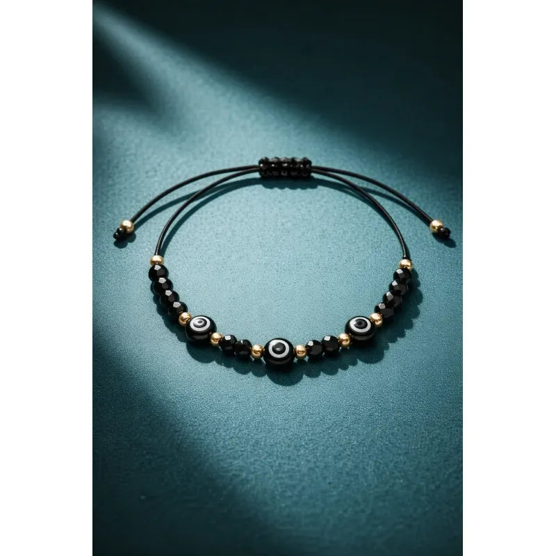 Pulsera Ojo Turco Negra Hombre Mujer Protección Acero Negro 16 Cm