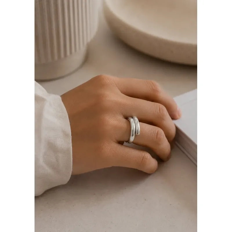 Anillo Mujer Plata Ajustable Abierto Doble Línea Elegante Plateado Ajustable
