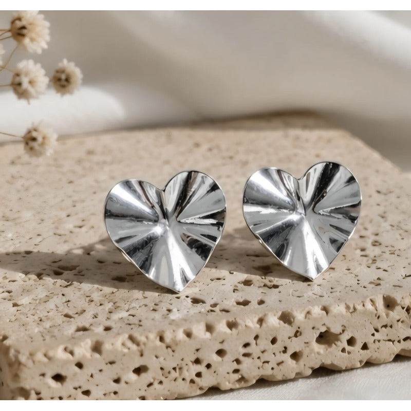 Aros Mujer Corazón Sin Perforación Enchapado Plata Presión Plateado