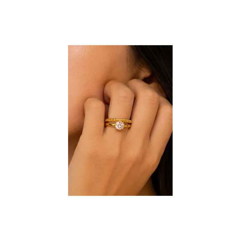 Anillos Mujer Set Solitario Y Trenzado En Acero Inoxidable Dorado 19