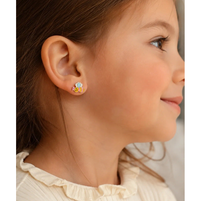 Aros Plata 925 Abejita Esmaltada Niña Mujer Con Caja Regalo Multicolor