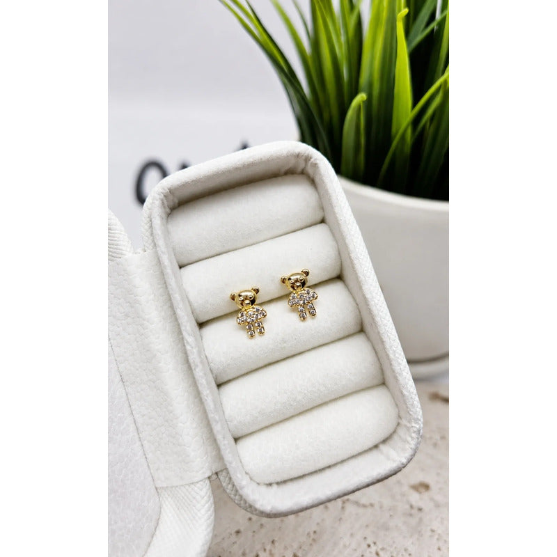Aros Infantiles Oro 18k Enchapado Osito Brillante Niña Mujer Dorado