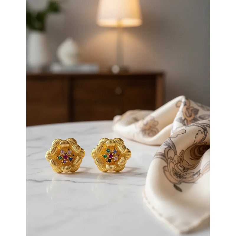 Aros Florales Enchapados En Oro 18k De Mujer Mas Caja Regalo Dorado