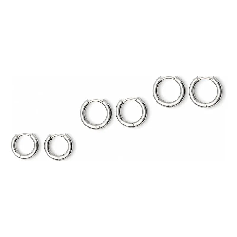 Aros Argollas Acero Inoxidable Lisas Pack 3 Pares Unisex Plateado