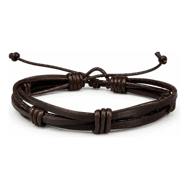 Pulseras Hombre Pack 6 Ajustables Set Variado Ecocuero Acero Marrón Oscuro 18 Cm