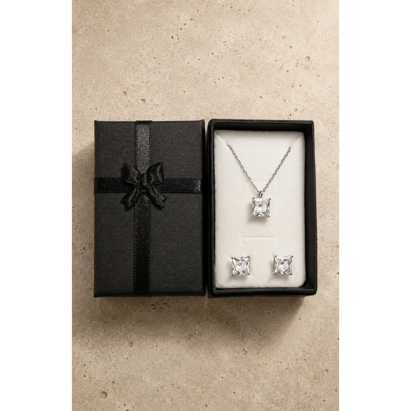 Collar Aros Mujer Set Punto De Luz En Acero Quirúrgico Pack Plateado
