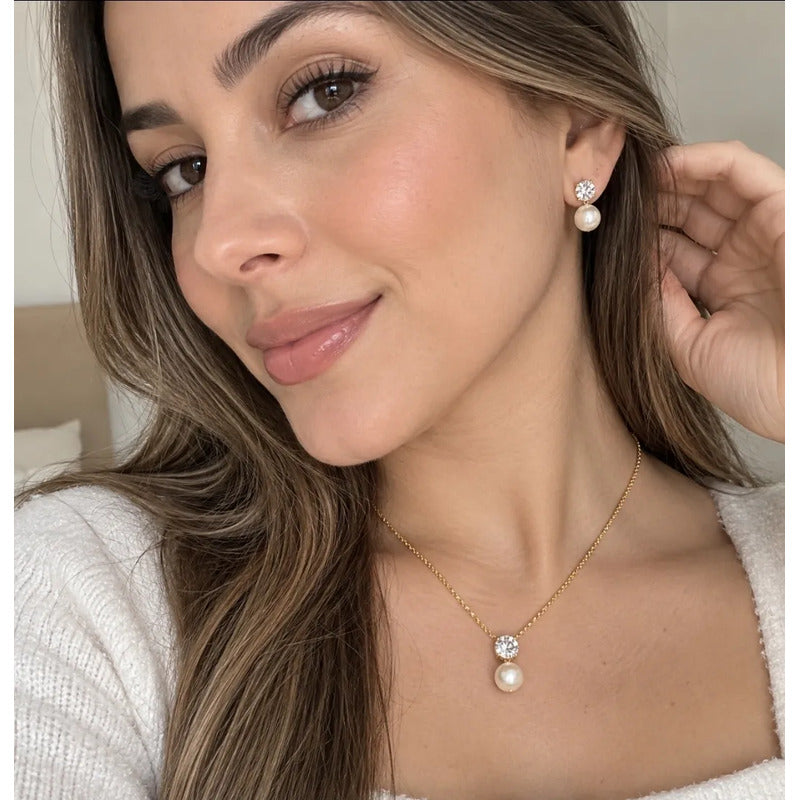 Set Collar Aros Mujer Perla 8mm Enchapado Oro 18k Regalo Dorado