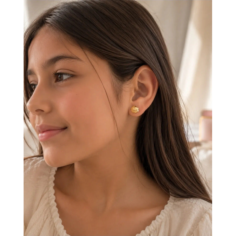 Aros Oro 18k Enchapado Niña Concha Marina 5mm Infantil Mujer Dorado