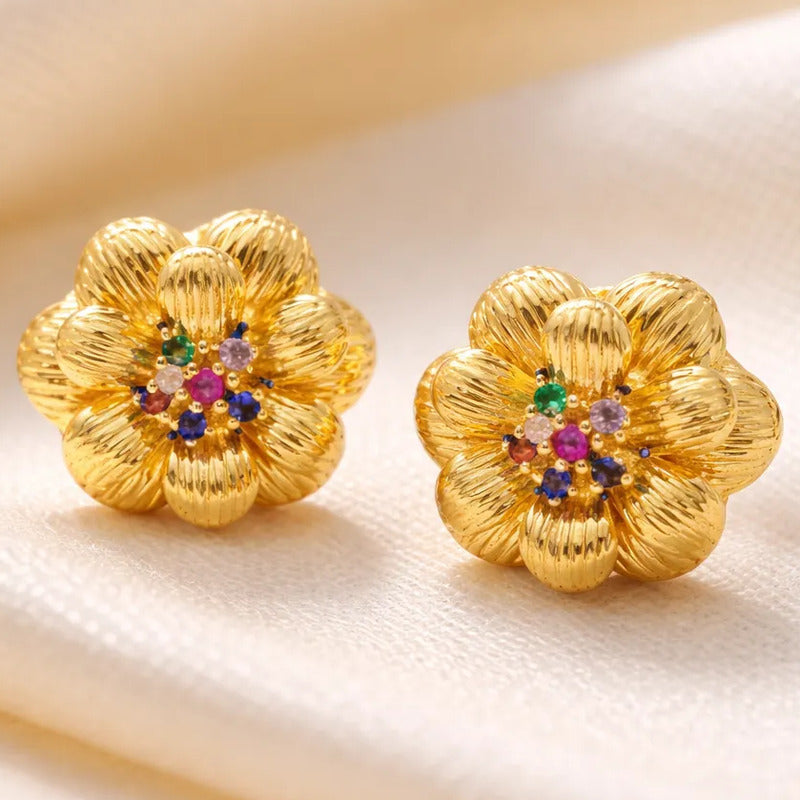 Aros Florales Enchapados En Oro 18k De Mujer Mas Caja Regalo Dorado
