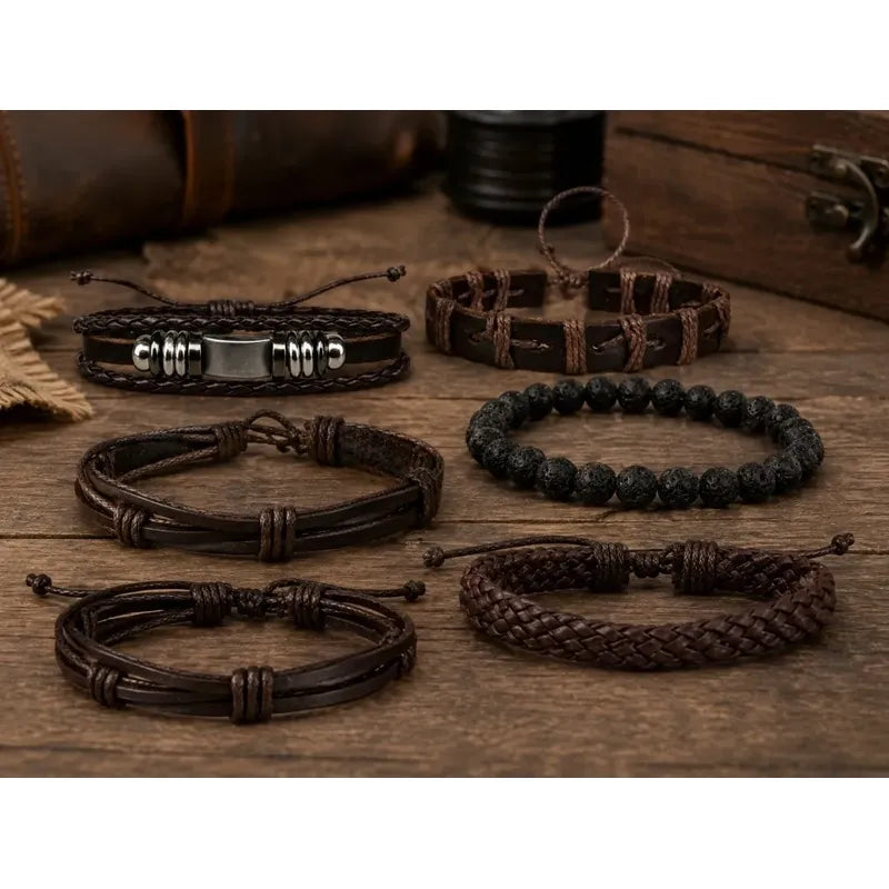 Pulseras Hombre Pack 6 Ajustables Set Variado Ecocuero Acero Marrón Oscuro 18 Cm