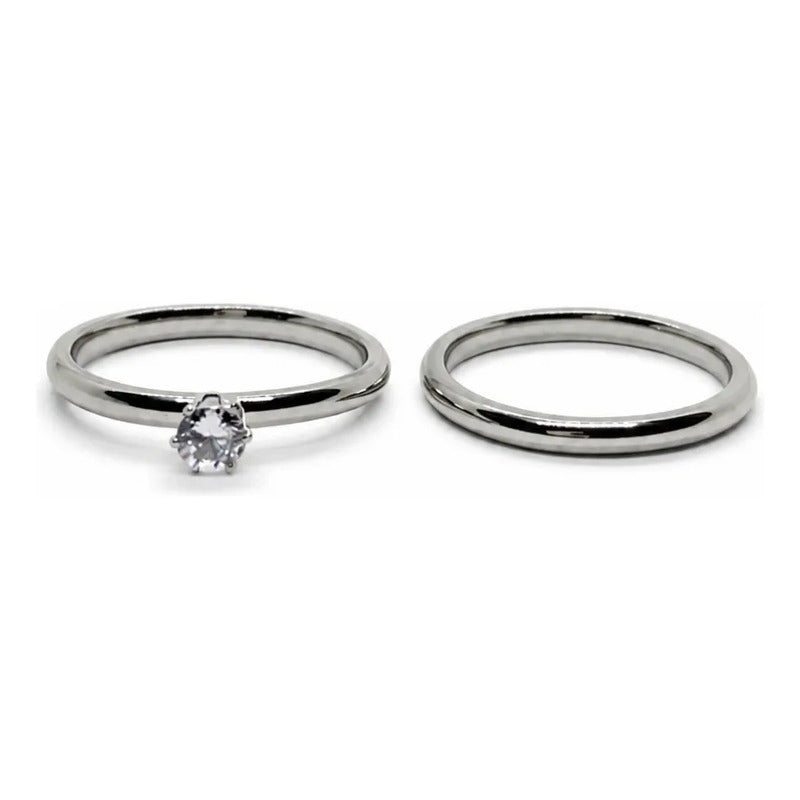 Set 2 Anillos Mujer Acero Inoxidable Zirconia Elegante Plateado 19