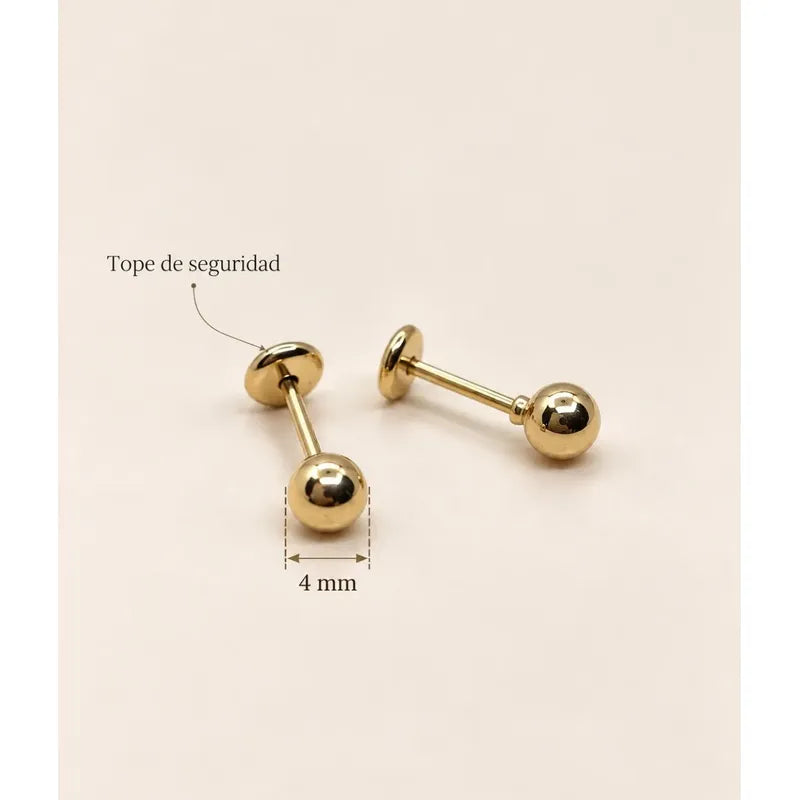 Aros Niña Bebé Bolita Lisa 4mm Enchapado En Oro Tope Seguro Dorado
