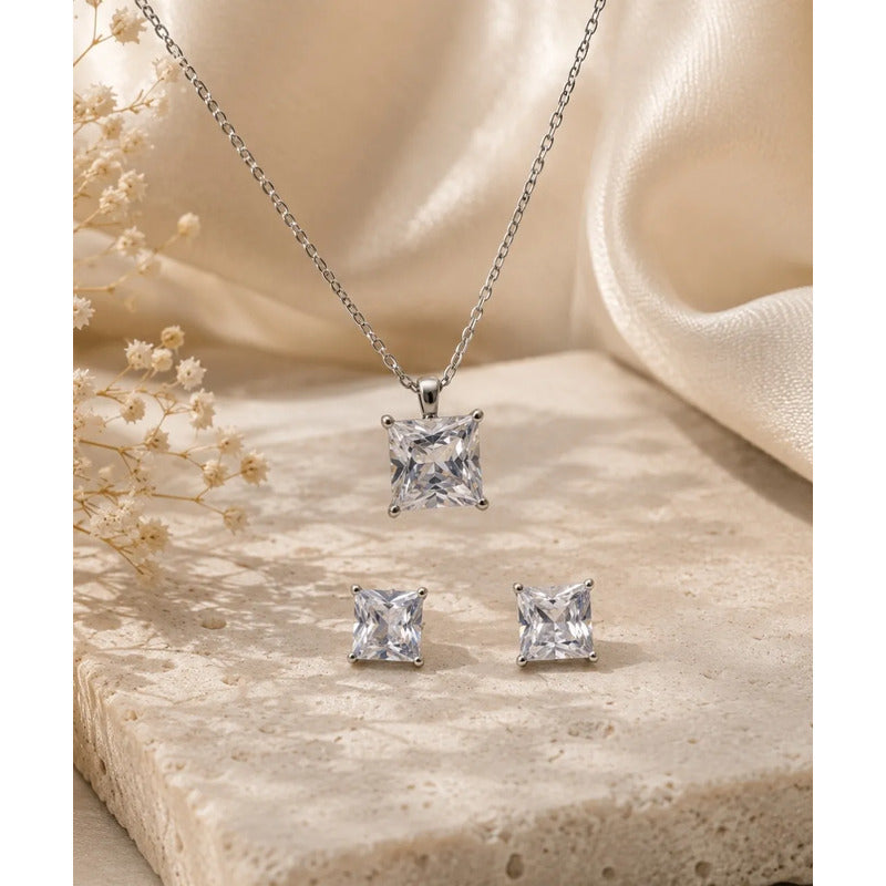 Collar Aros Mujer Set Punto De Luz En Acero Quirúrgico Pack Plateado