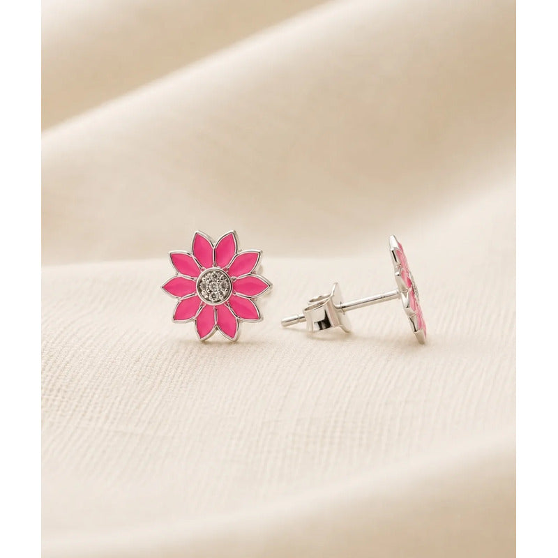 Aros Plata 925 Flor Rosa Niña 8mm Esmaltados Regalo Infantil Rosa Chicle
