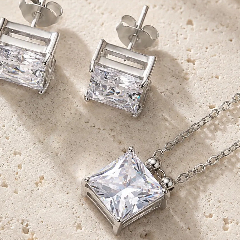 Collar Aros Mujer Set Punto De Luz En Acero Quirúrgico Pack Plateado